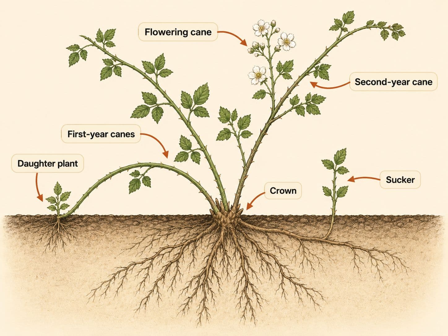 How blackberry regrows: from the root crown, from cane tips that root where they touch the ground, and from bird-spread seed