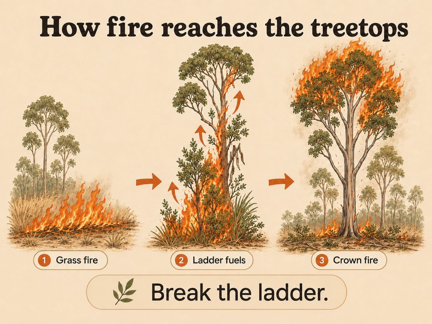 Diagram showing how ladder fuels carry fire from ground level up through shrubs and low branches into the tree canopy